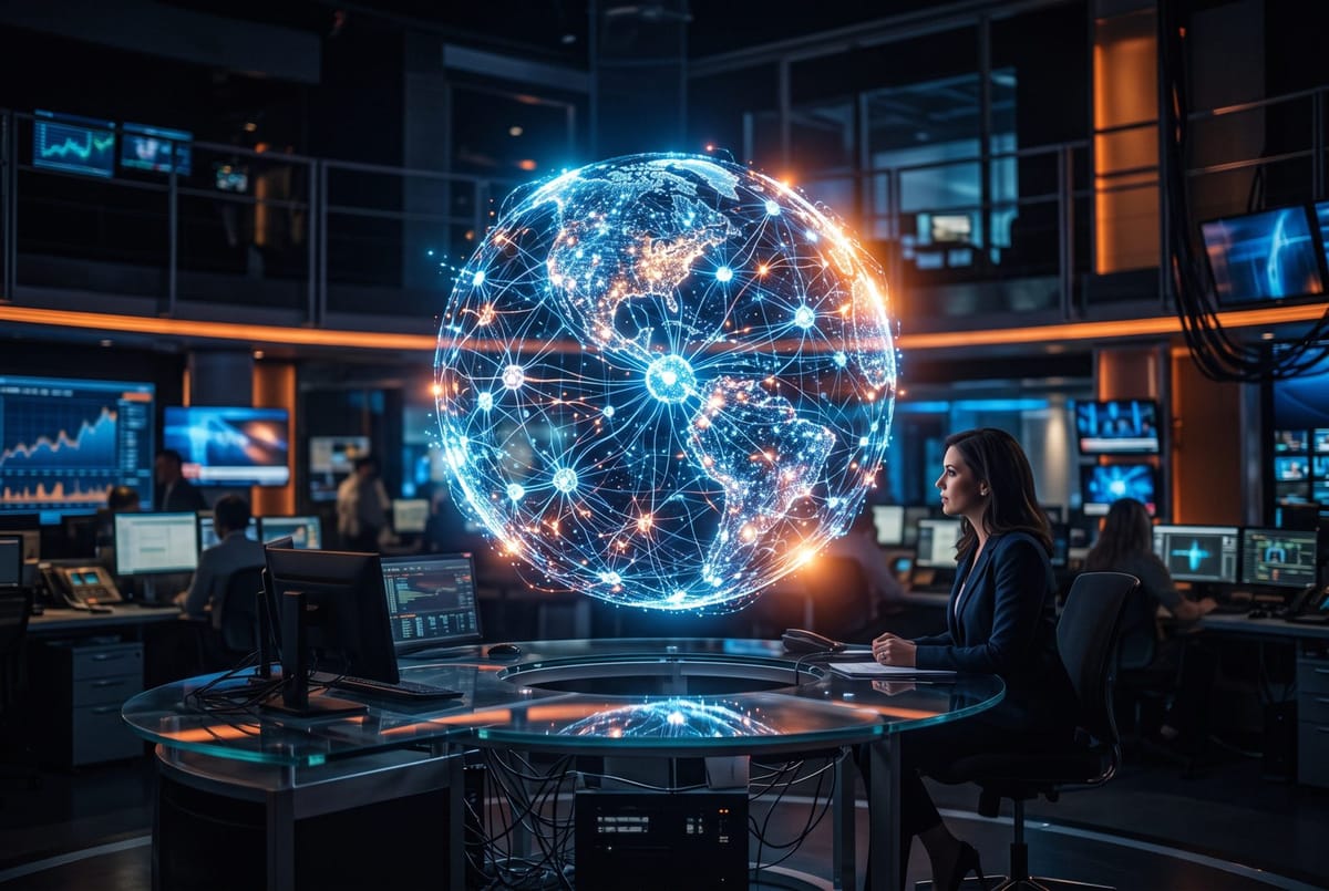 Glowing neural network globe over a dark newsroom backdrop