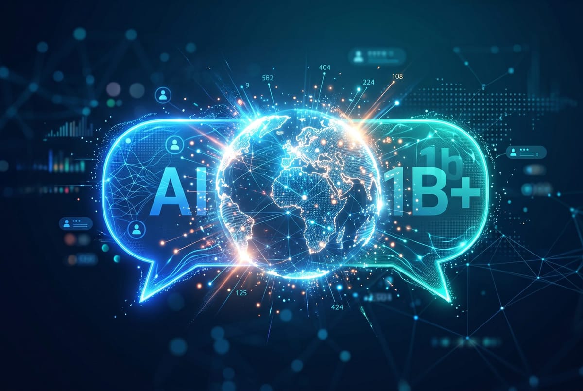 Abstract editorial cover: two glowing AI chat bubbles merging into a globe of light on a deep blue background