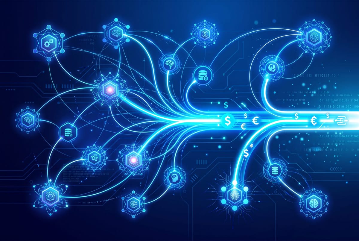 Abstract editorial illustration of AI model nodes converging into a glowing payment rail, deep navy and electric blue