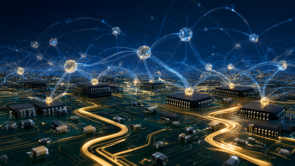 An abstract neural-network and semiconductor circuit-board landscape glowing in blue and gold