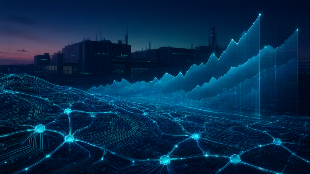 Stylized glowing AI neural network with data center silhouettes at dusk