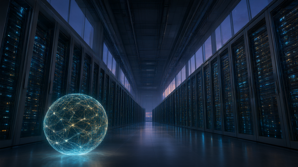 A vast illuminated AI data center interior at dusk with ranks of glowing server racks and a holographic neural sphere