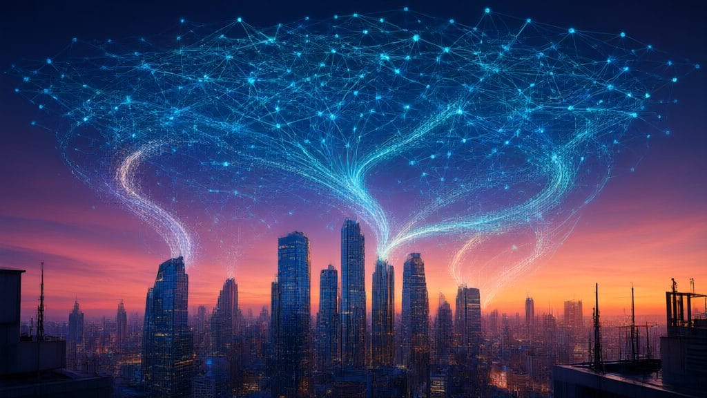 Abstract editorial cover of a neural network mesh over a city skyline at dusk representing daily AI news