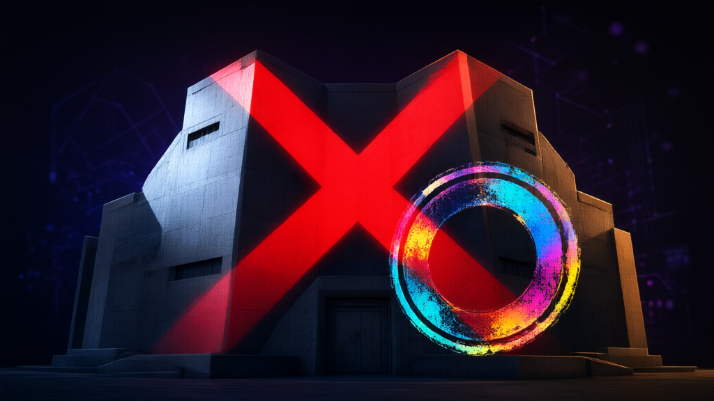 Abstract technology concept showing dramatic lighting with crossed-out elements representing retirement and cancellation