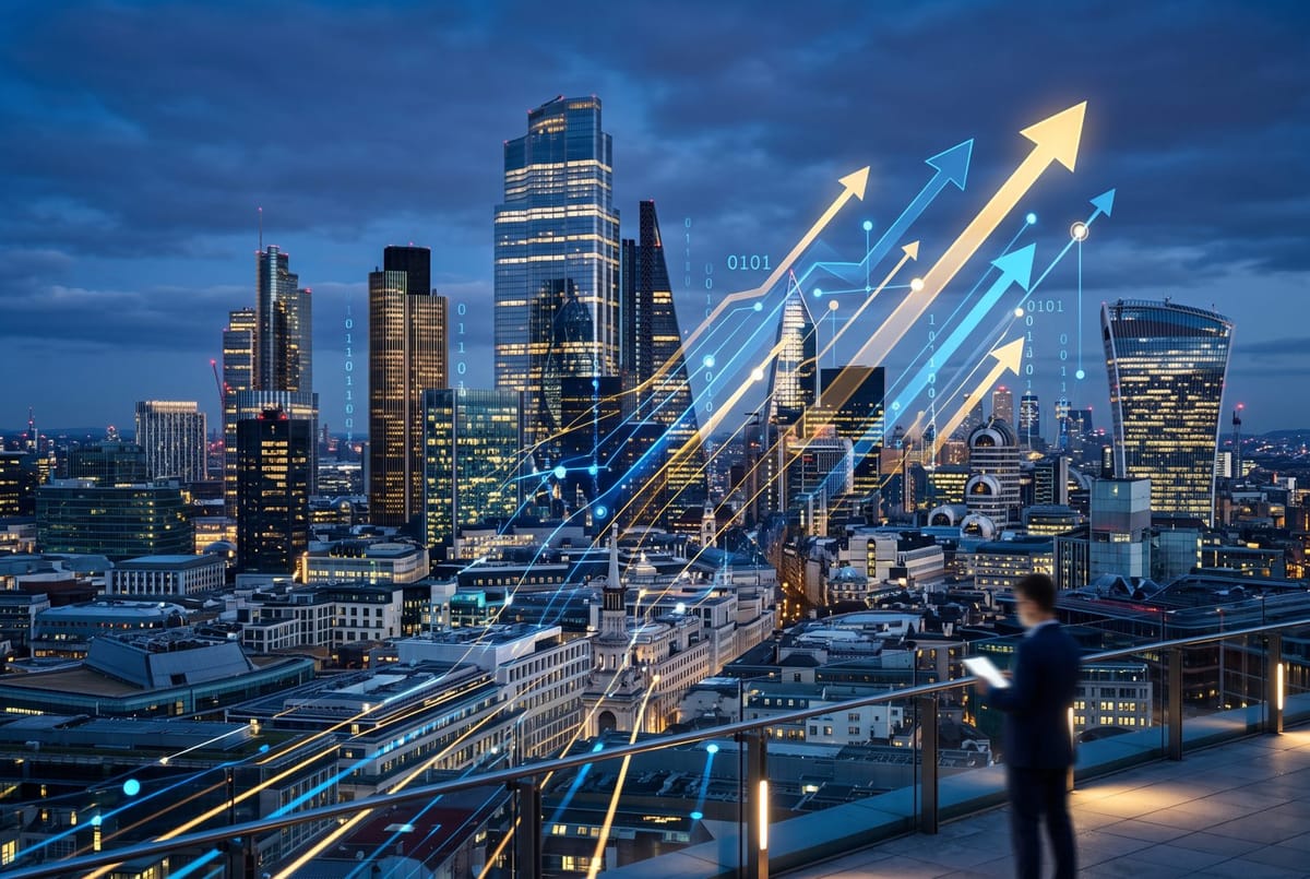 A glowing skyline at dusk with data streams and growth arrows, symbolizing startup funding momentum