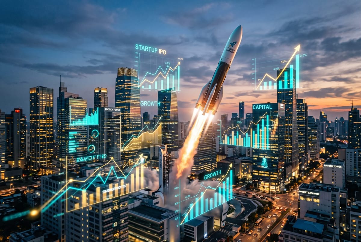Editorial cover: a rocket launching over a glowing financial skyline with floating holographic stock charts.