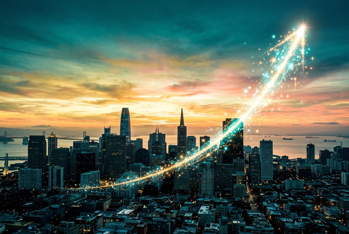 Luminous growth curve rising over a city skyline at dawn