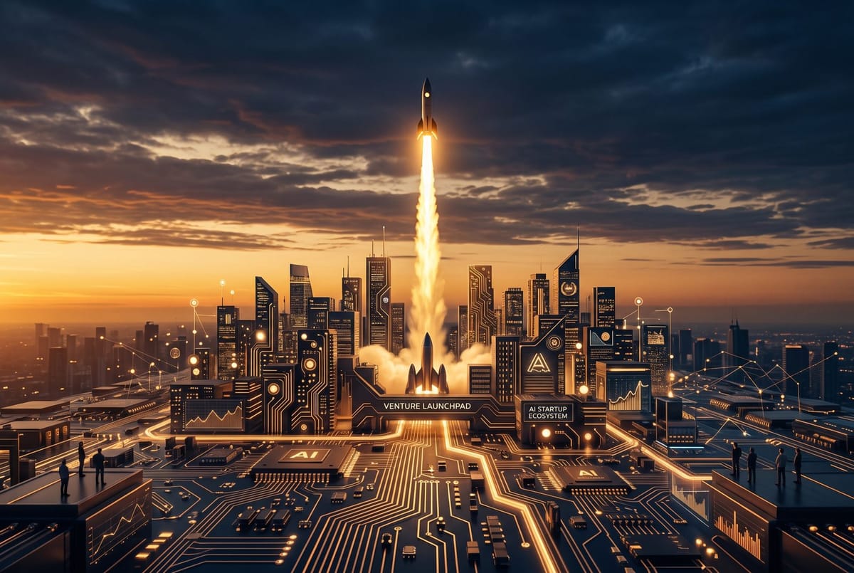 Abstract editorial cover: a small rocket launching from a circuit-board skyline at dawn, amber and navy palette