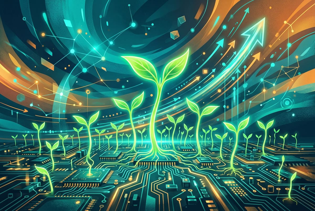 Editorial illustration of glowing green startup sprouts growing from a circuit board toward an upward curve, teal and amber
