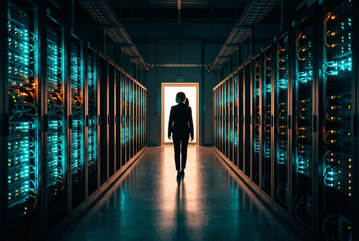 Editorial cover of a data center corridor with glowing server racks and a lone silhouette walking toward a bright doorway