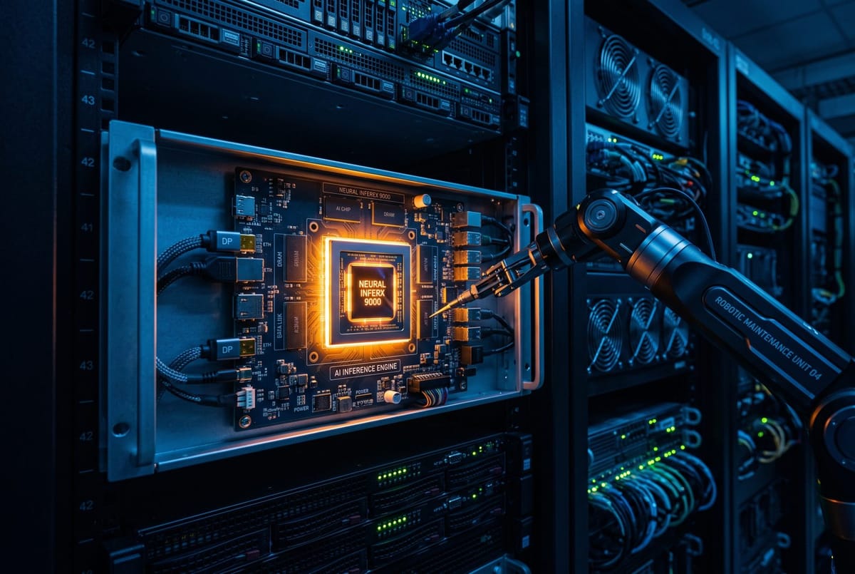 An AI inference chip glowing on a server rack in a data center with a robotic arm beside it