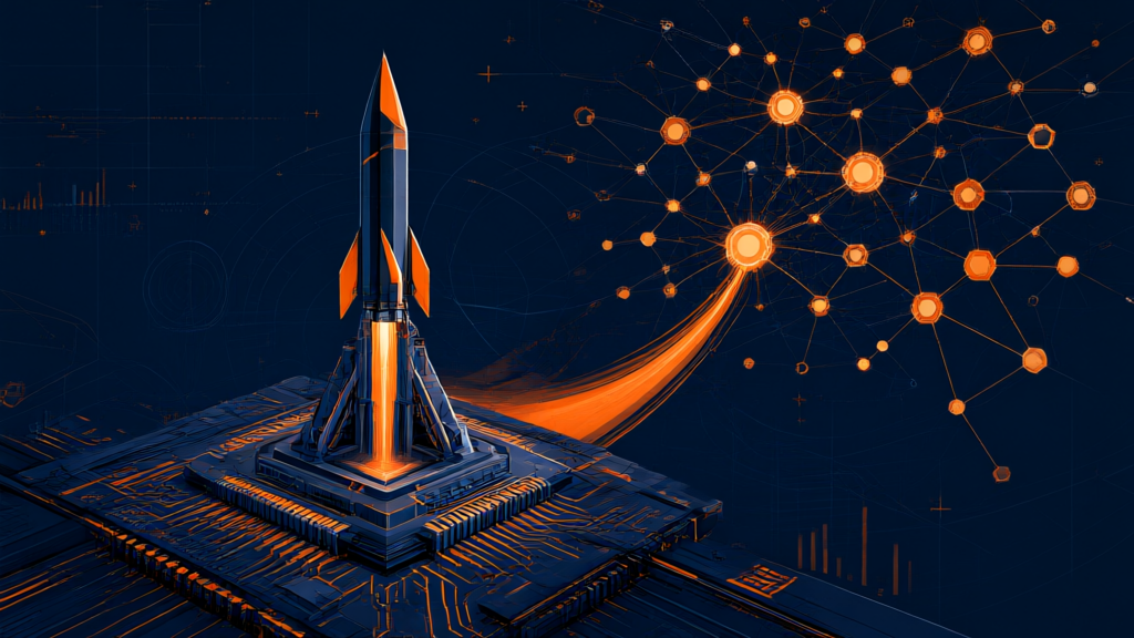 Rocket launching with a chip core and startup network nodes lighting up across a dark navy background