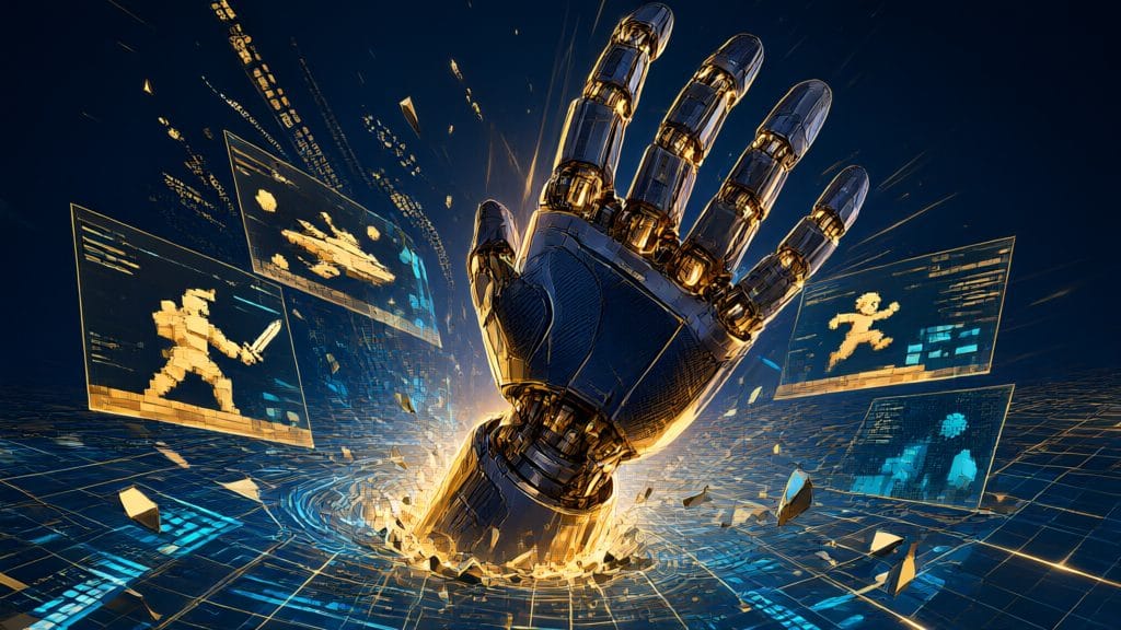A robot hand rising from a grid of video-game data frames in gold and blue
