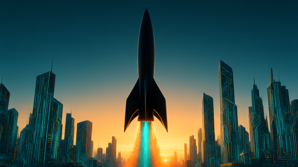 Editorial image of a rocket silhouette lifting off past a circuit-board patterned skyline at dawn