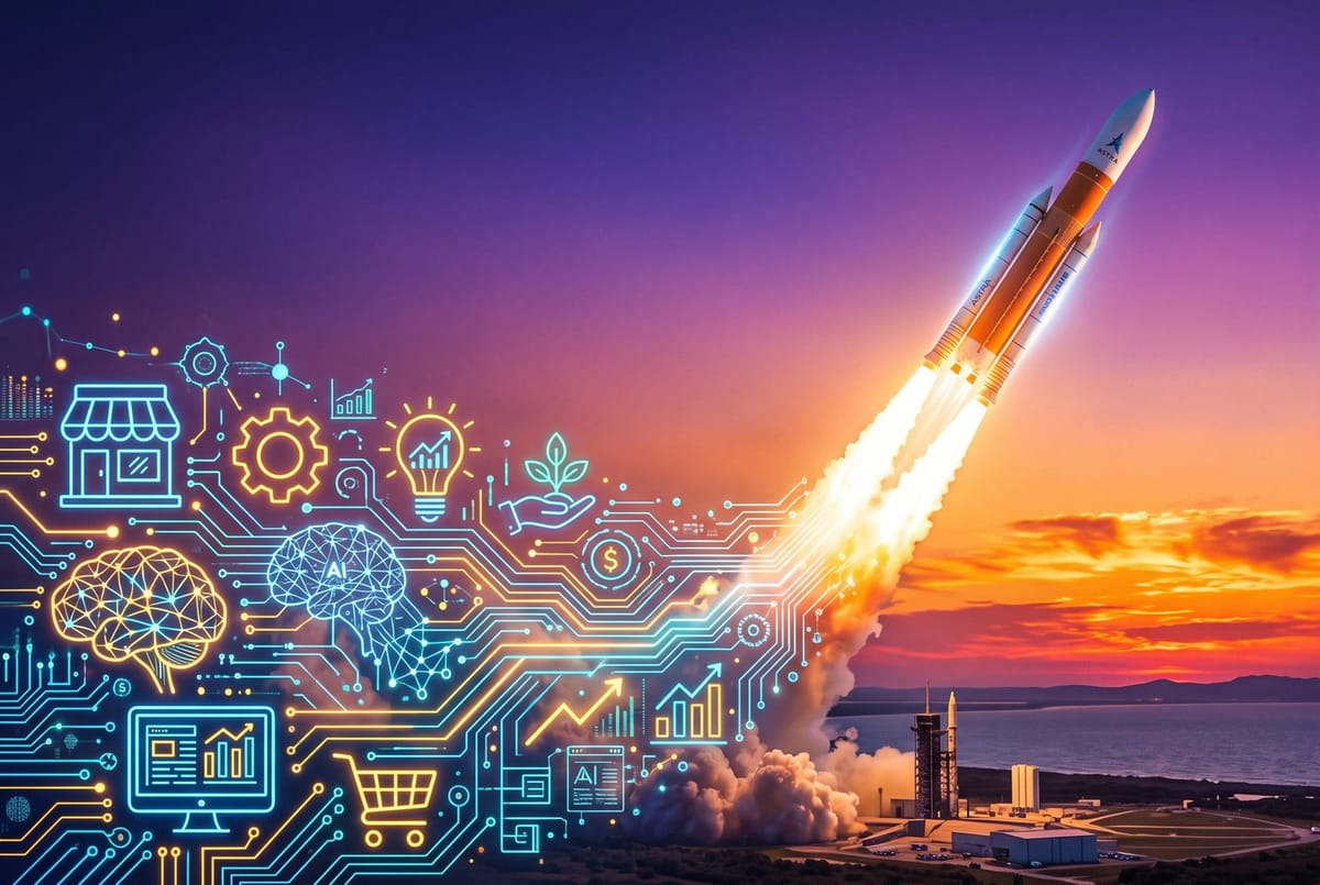A rising rocket and small business icons merging with AI circuit lines in a vibrant orange and violet gradient.