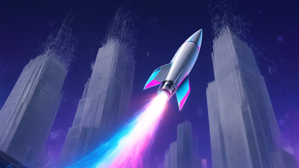 A small rocket launching past faded corporate skyscrapers symbolizing AI startups displacing incumbents