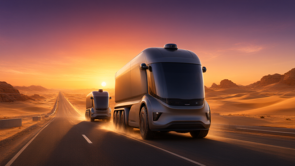 Futuristic autonomous trucks driving through golden desert highway under setting sun, Saudi Arabia inspired landscape