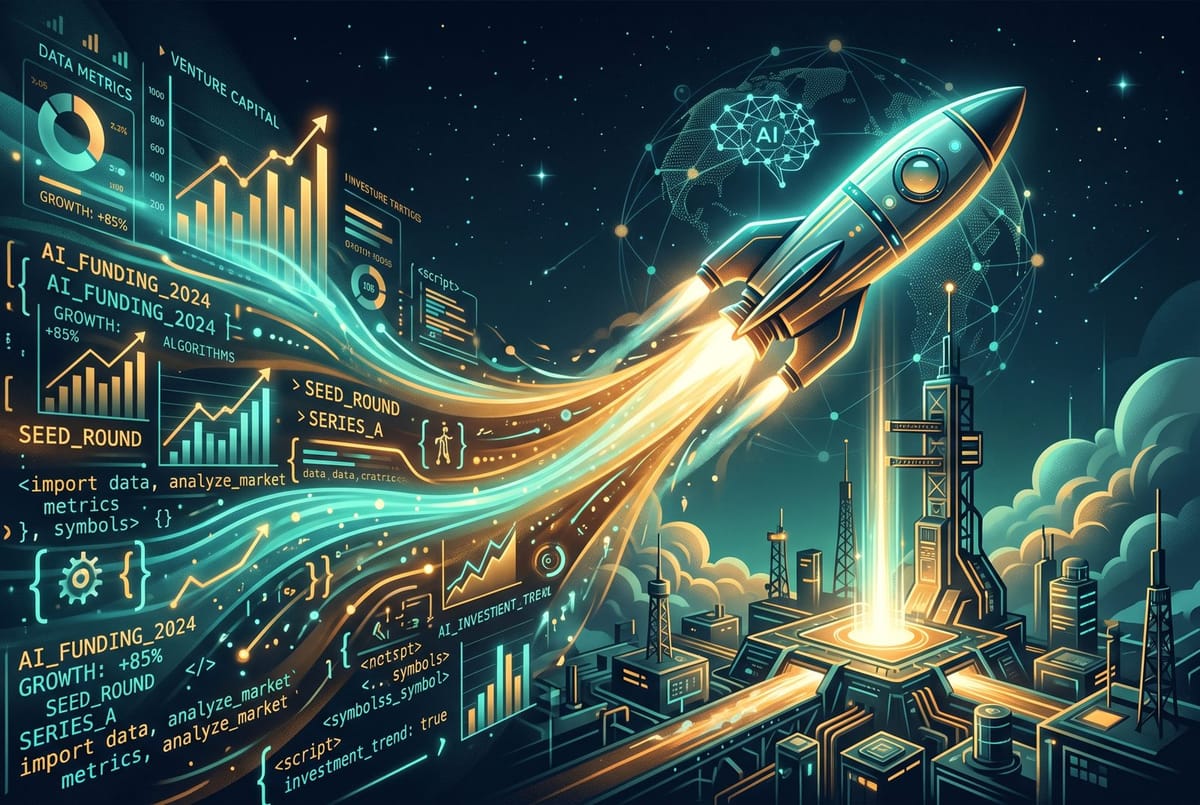 Venture capital and code flowing into a launchpad rocket