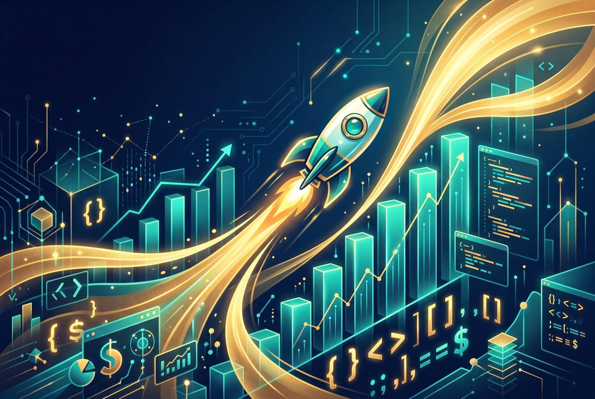 Editorial illustration of a rocket ascending past rising bar charts and code brackets, symbolizing startup funding and the AI coding wave