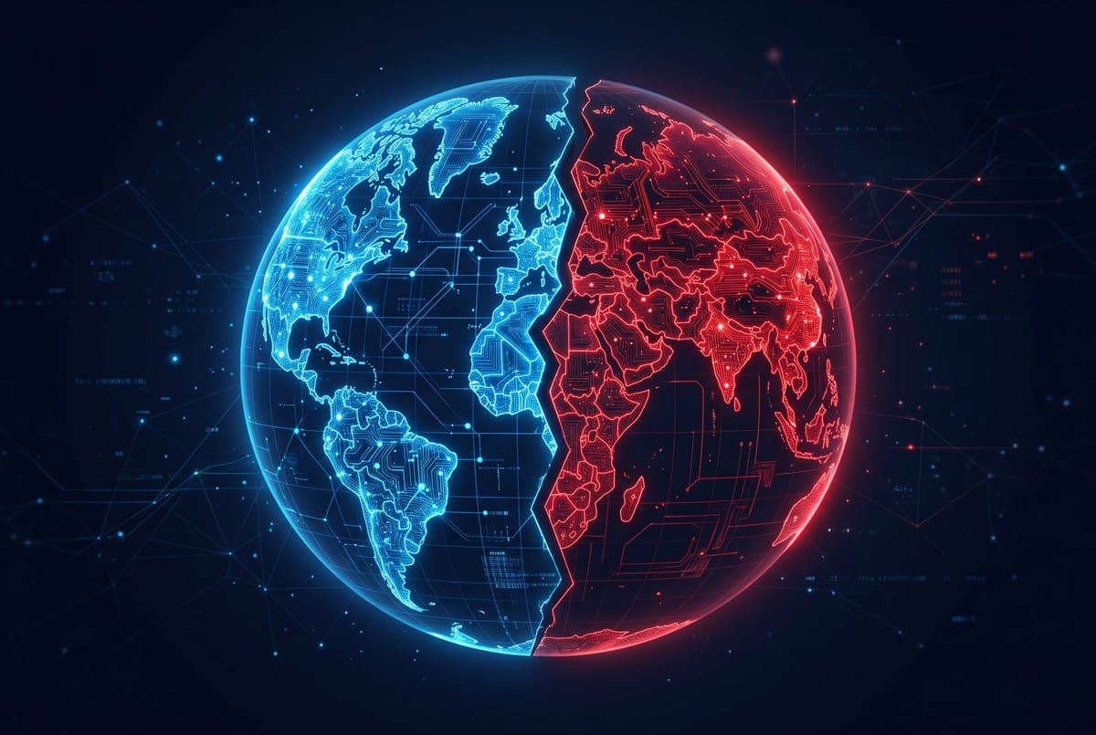 Split globe illustration symbolizing the US-China AI divide, one half glowing blue circuits, one half glowing red, dark navy background