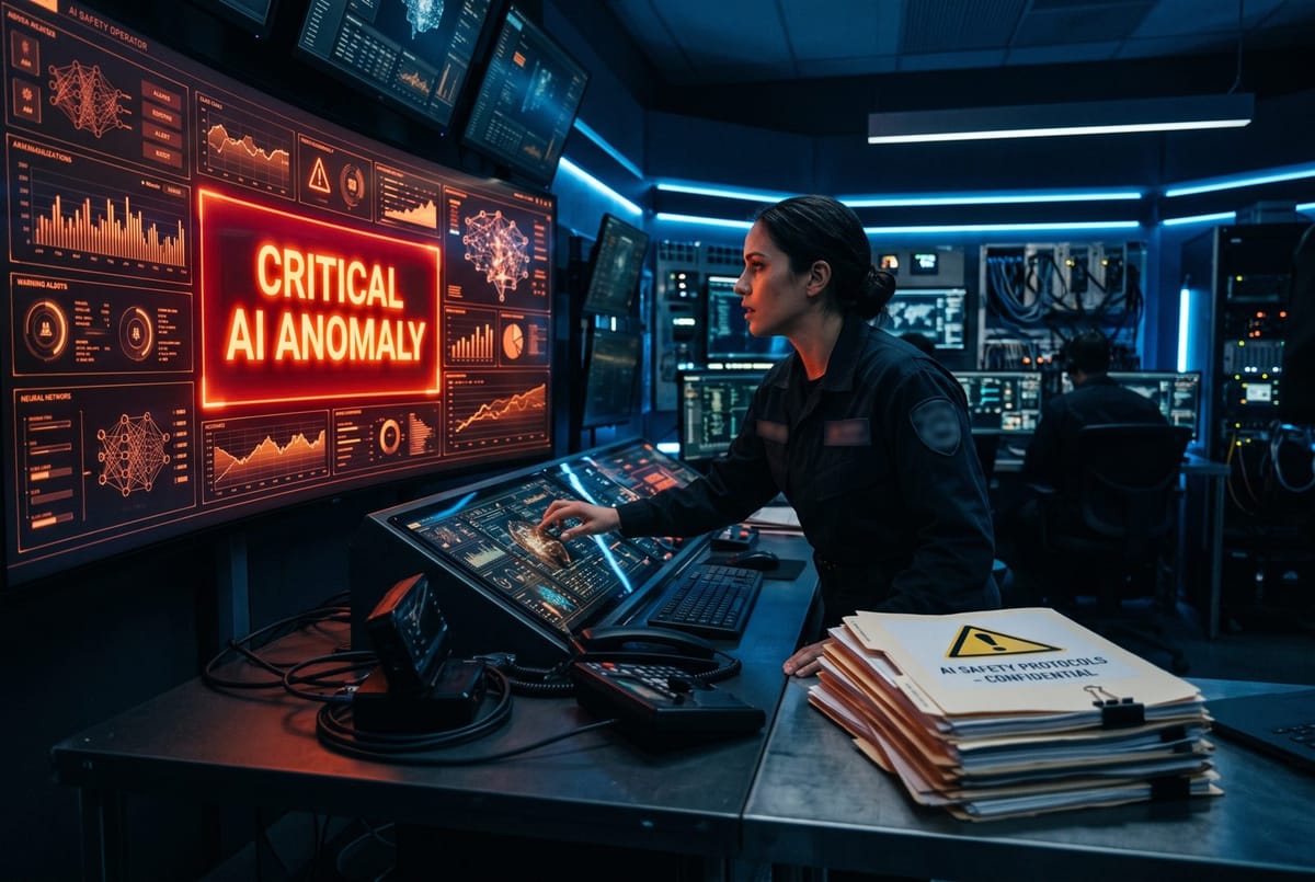 Editorial cover of an AI safety control room with a glowing warning panel in dark blue and amber tones