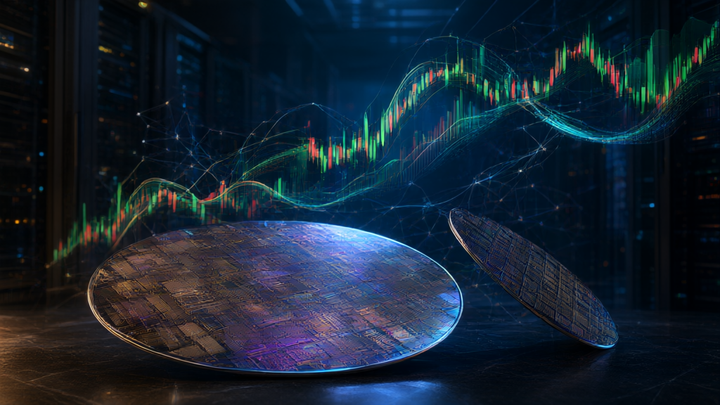 Global stock ticker and semiconductor wafers with a neural-network overlay representing the top AI stories