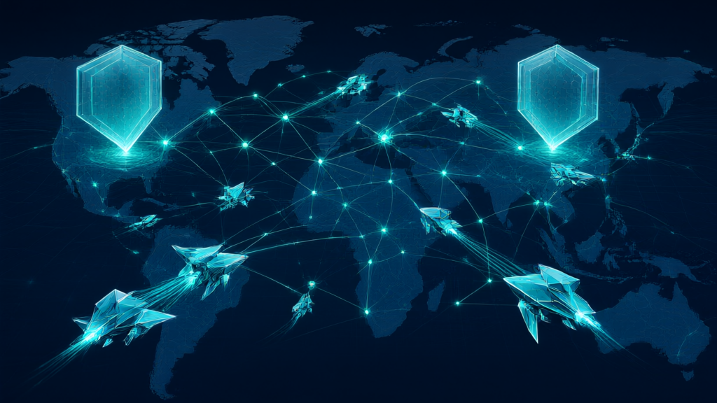 Autonomous AI agents converging on a dark world map in navy and teal