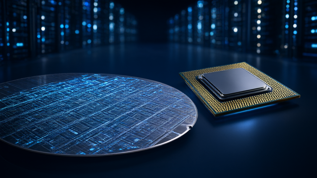 Editorial image of a glowing semiconductor wafer and sleek laptop chip in front of blurred AI data center lights