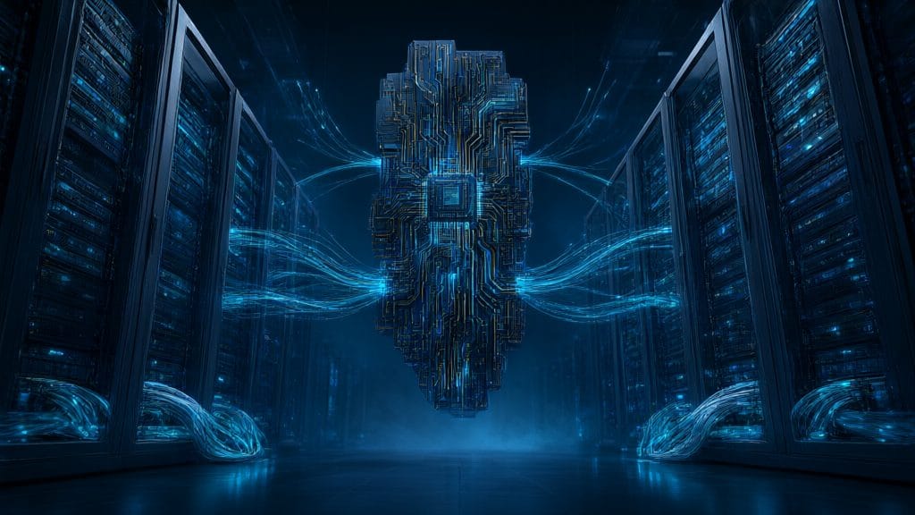 Abstract data center with glowing server racks and AI chip circuitry in blue and cyan