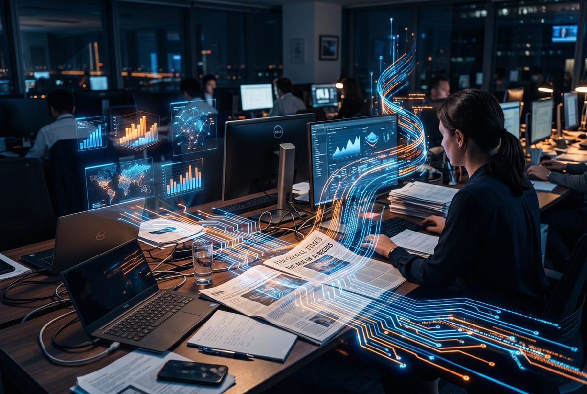 Editorial cover of a night newsroom desk with glowing AI circuit patterns and holographic data charts in blue and orange