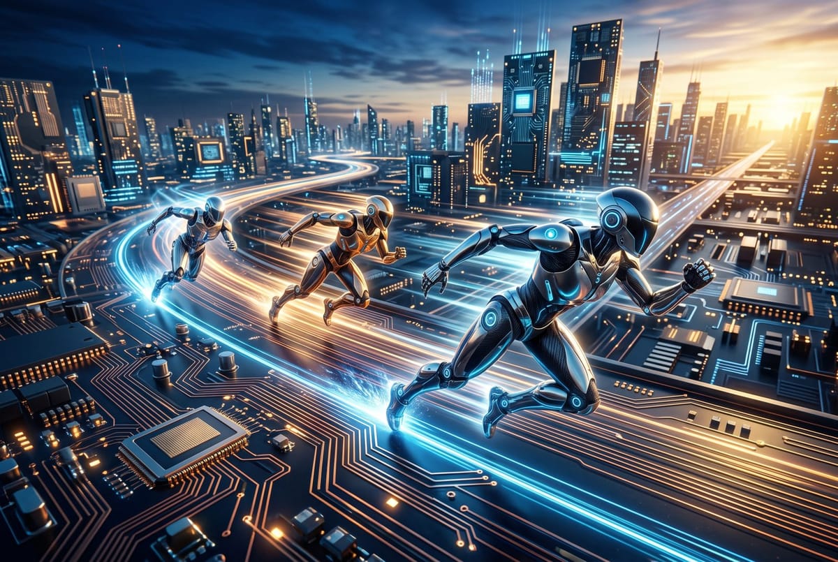 Three AI models racing across a circuit-board skyline at dawn