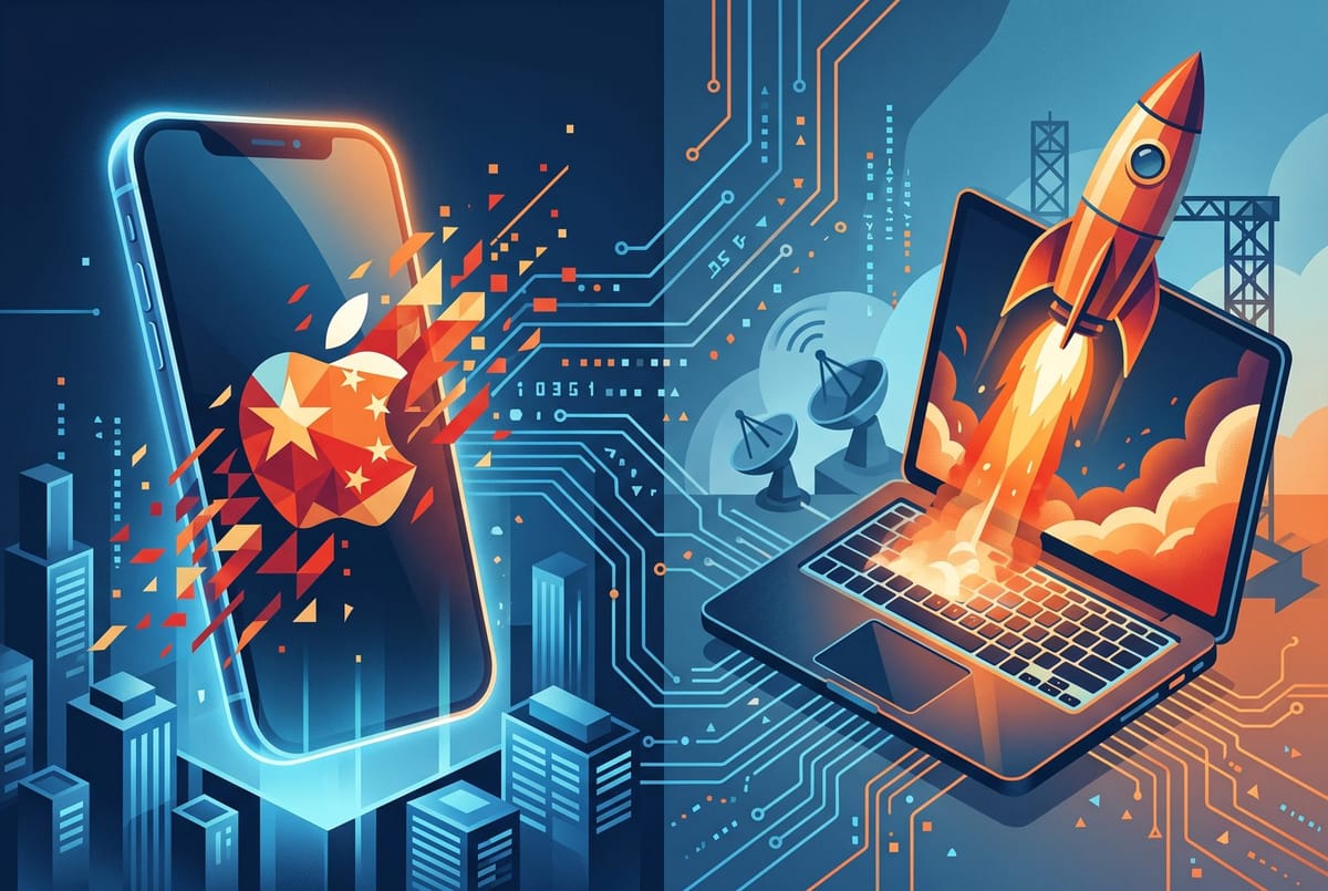 Editorial illustration of a smartphone and a rocket launching from a laptop, symbolizing Apple's China AI model and SpaceX's Cursor acquisition