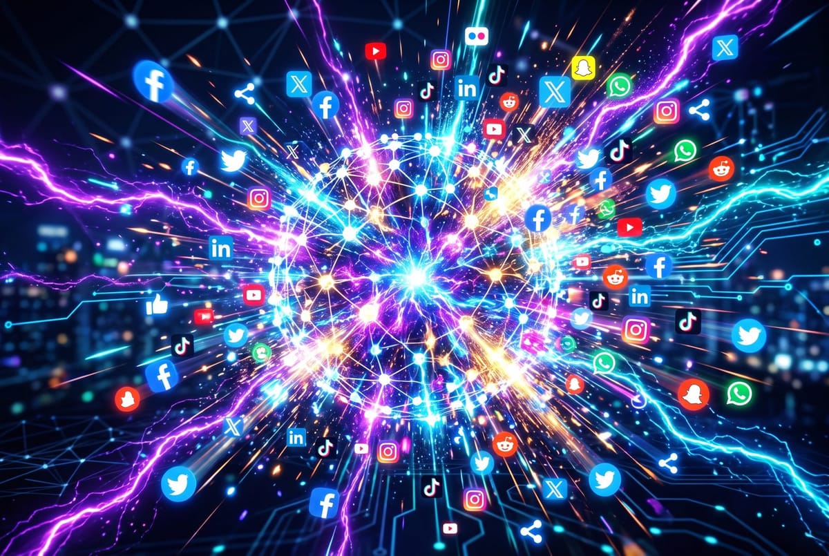 A glowing neural sphere exploding into colorful share icons and sparks on a dark background