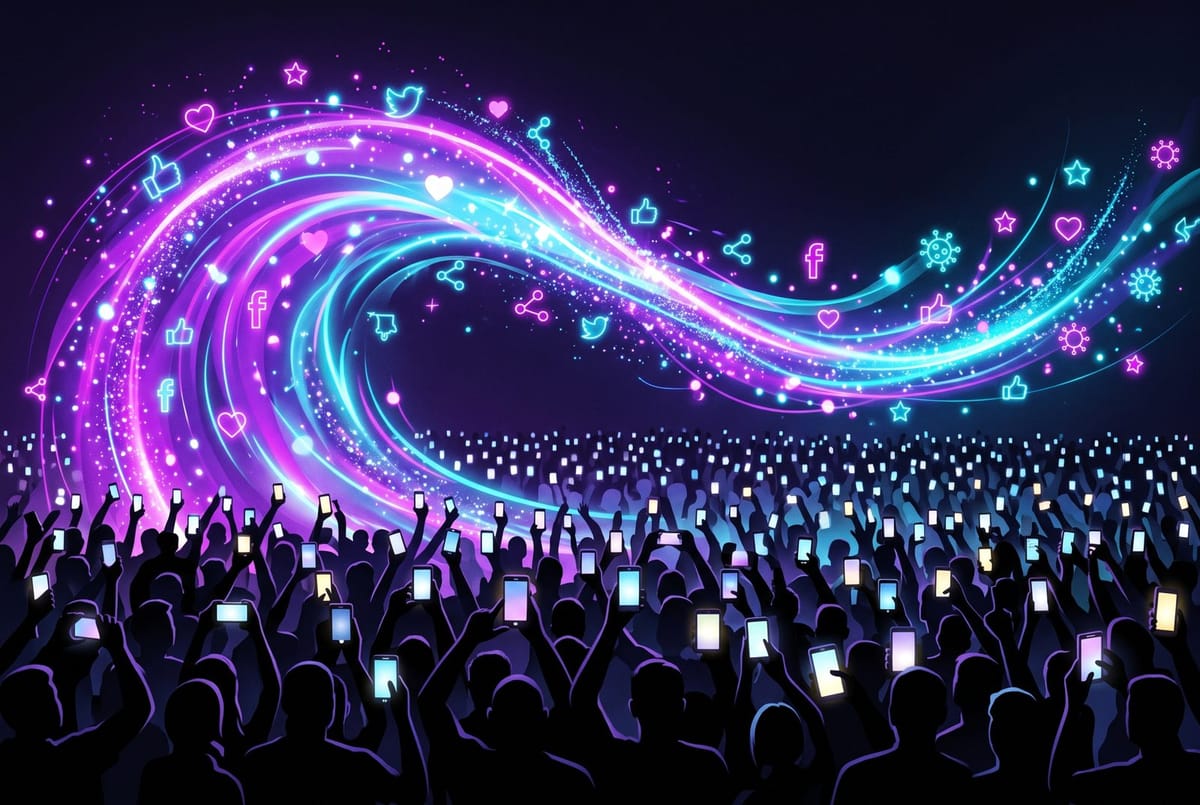 Wave of glowing light sweeping across a crowd of raised smartphones, social media frenzy, dark background with purple and cyan glow