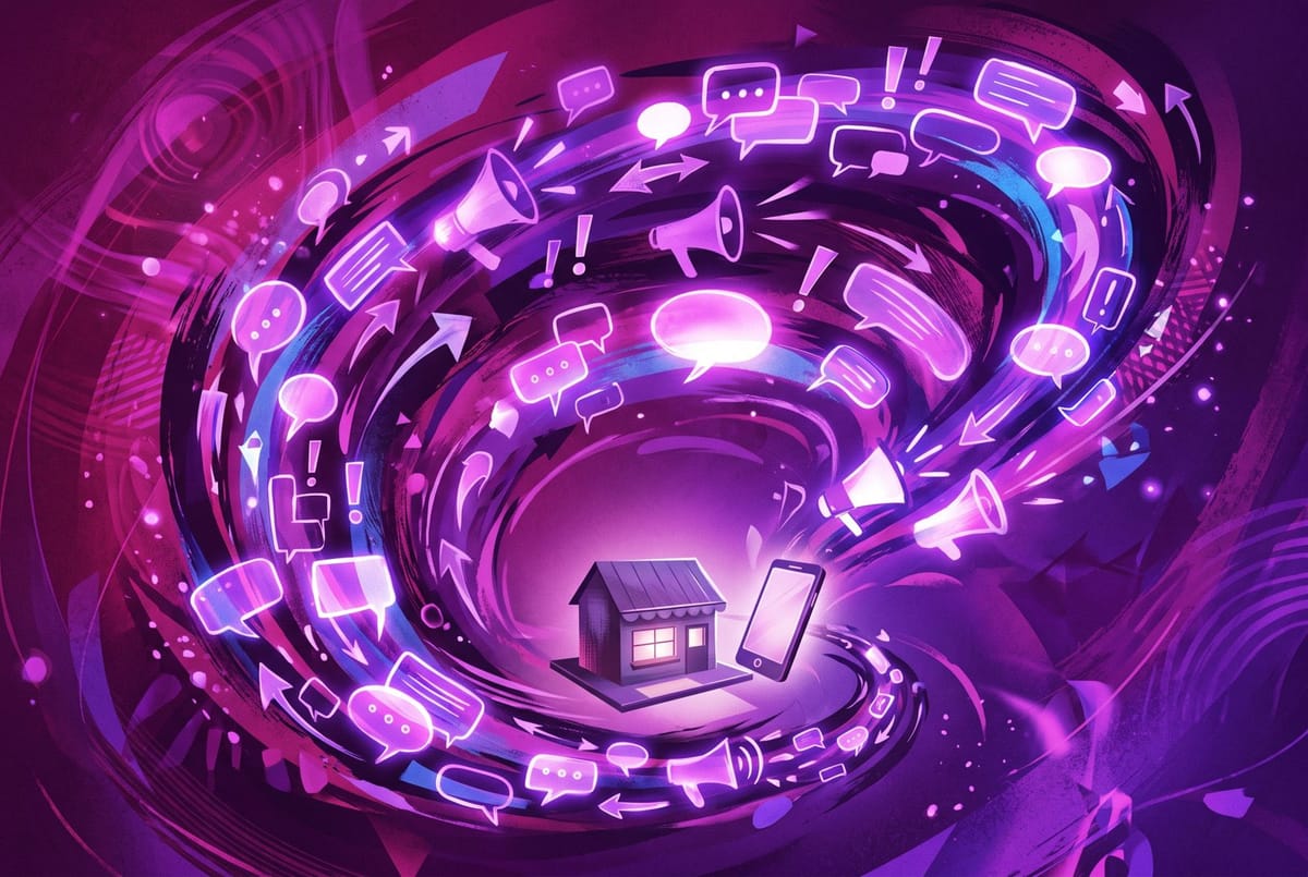 Editorial illustration of a swirling vortex of glowing chat bubbles and megaphones around a storefront, magenta and violet