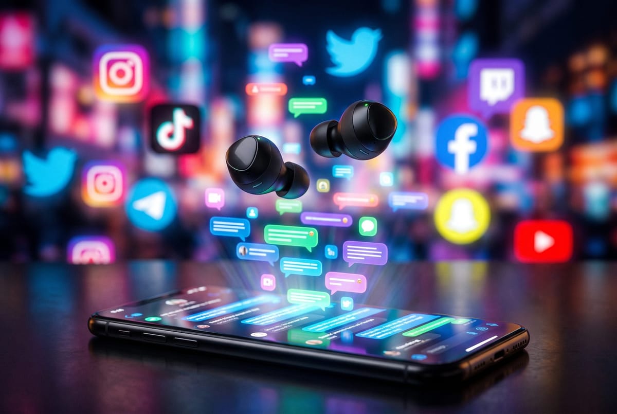 Wireless earbuds floating above a smartphone screen with glowing chat bubbles and social icons in bokeh