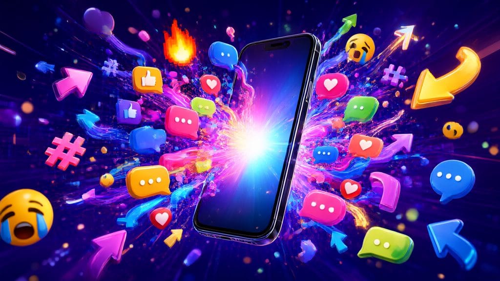 A glowing smartphone with chat bubbles and share icons exploding in colorful energy