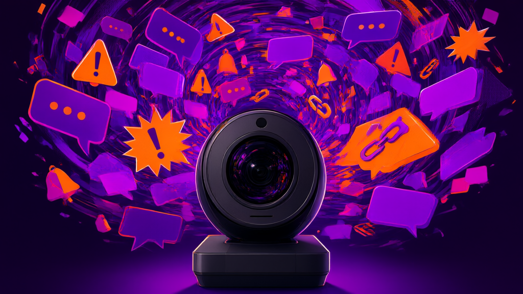 A webcam with a dark activity light surrounded by neon chat and warning icons