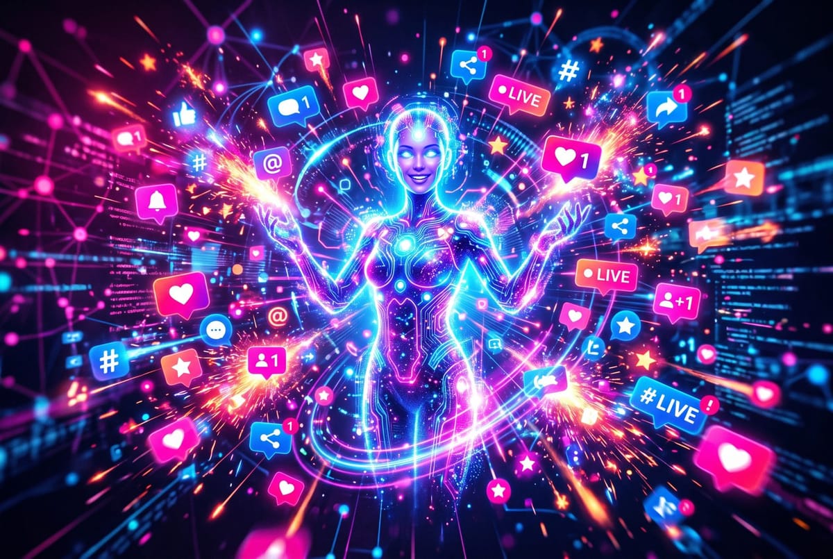 A glowing AI assistant avatar surrounded by social media notification bursts and viral sparks in magenta and electric blue.