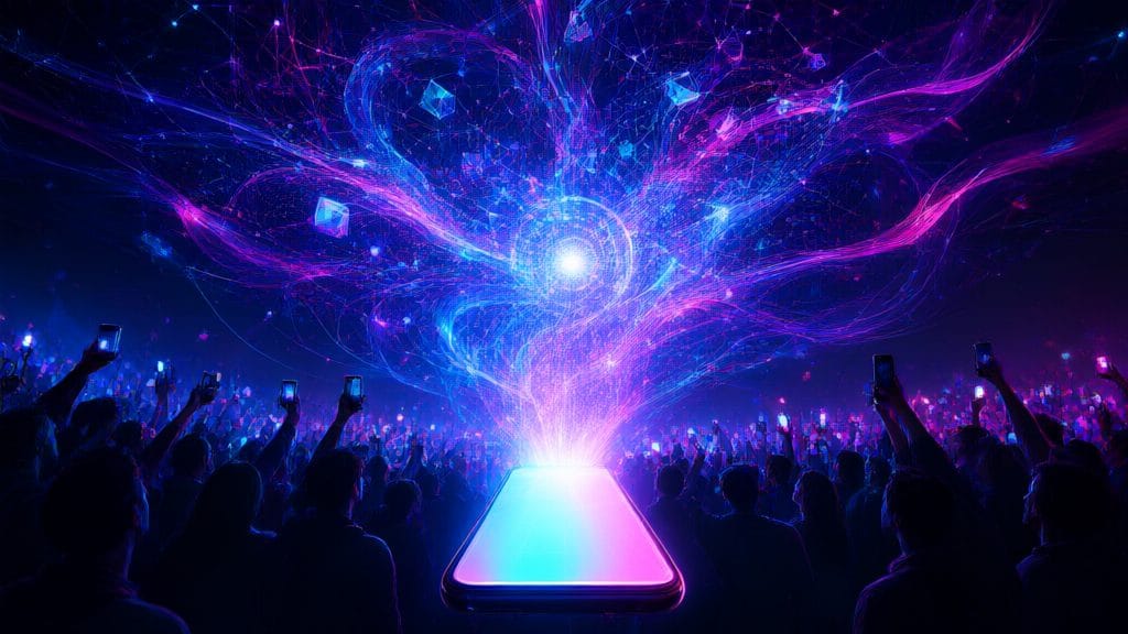 A glowing smartphone projecting a viral AI hologram into a crowd of silhouettes, neon social-media palette