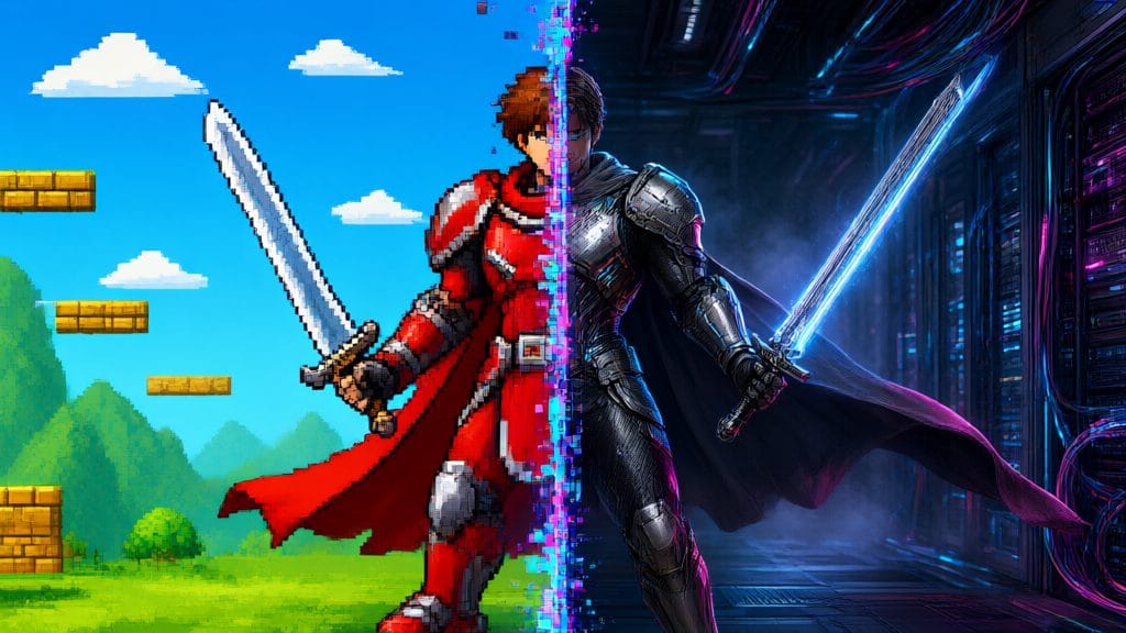 Retro video game pixel art characters merged with modern photorealistic rendering, nostalgic gaming meets AI technology