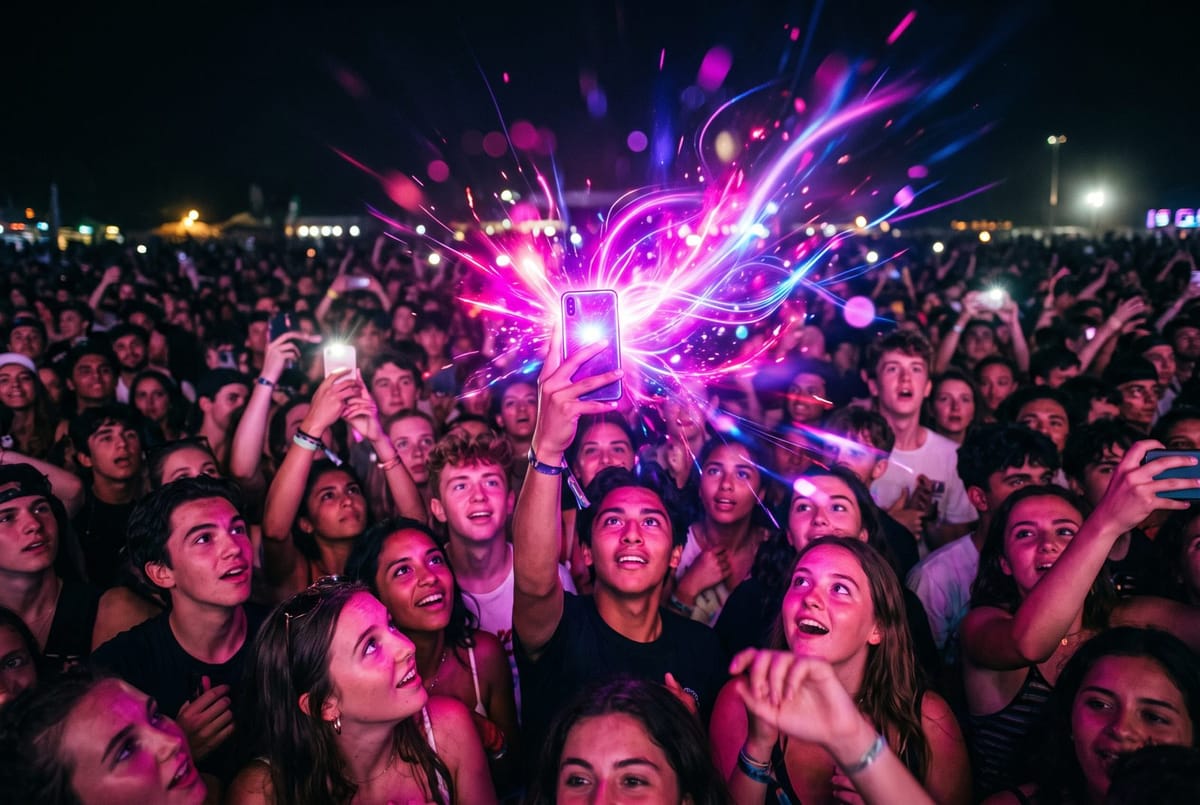 Editorial cover of a smartphone radiating neon pink and purple light into a crowd of onlookers