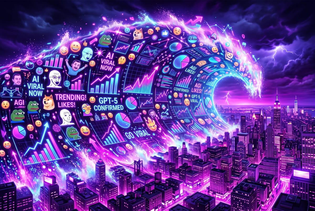 A wave of glowing memes and trending graphs over a city at night