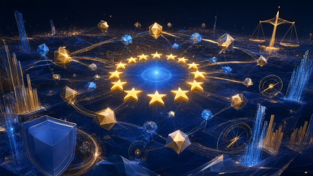 Abstract digital landscape with EU regulatory symbols and AI agents in a connected network