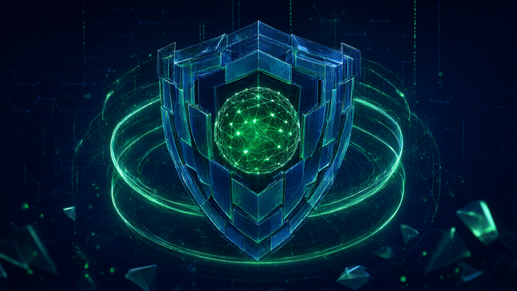 Abstract visualization of AI safety protocols and cybersecurity shields in dark blue and electric green tones