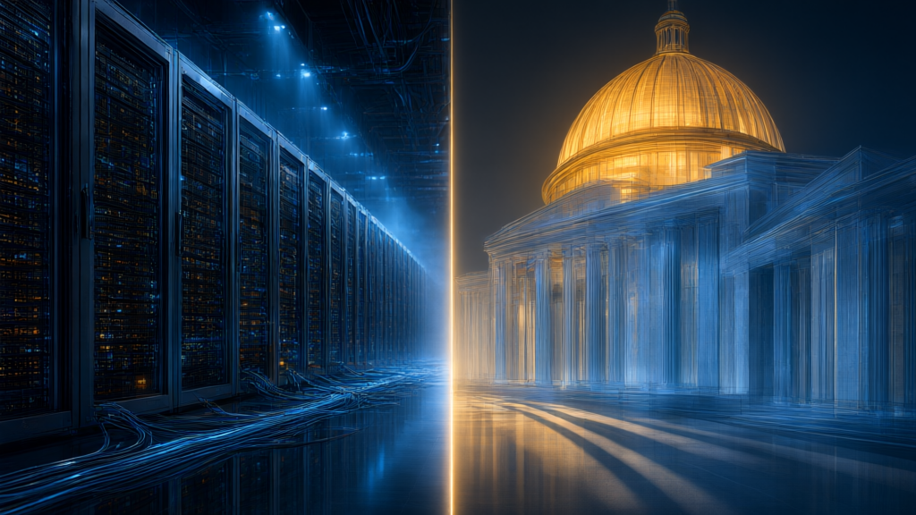 Split-screen illustration of a blue-lit data center server room and a golden-lit government building divided by a glowing vertical line.