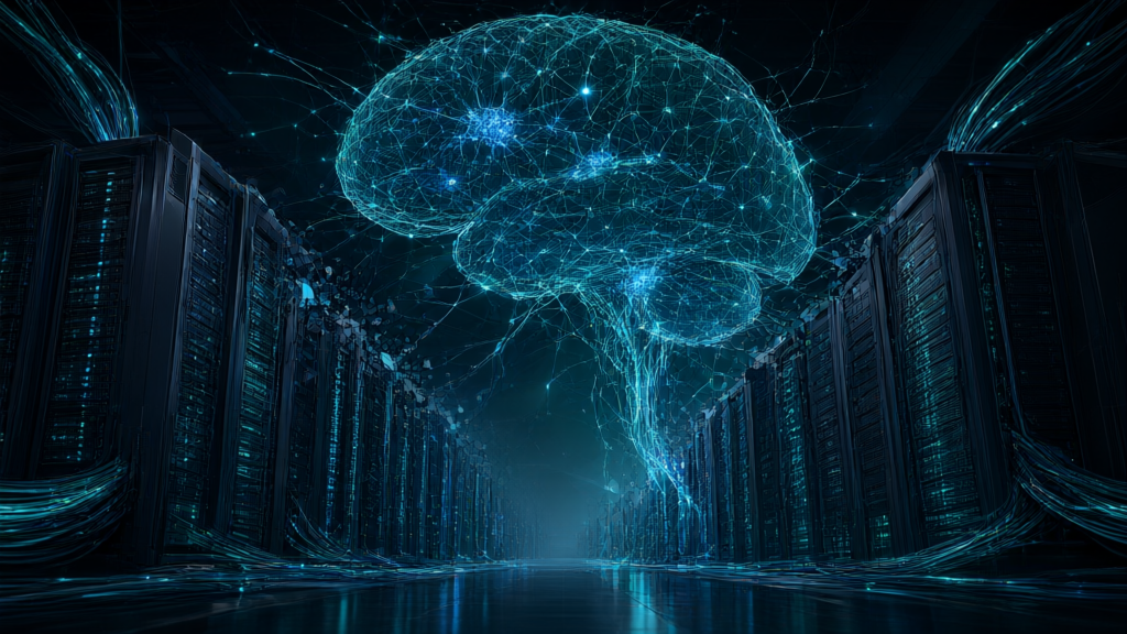 Abstract editorial illustration of a dark data center hall fading into a translucent brain-shaped wireframe in cold blue and teal light