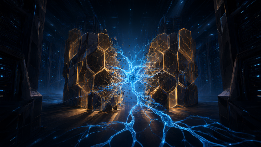 Dark editorial illustration of a data center hall at night with a glowing circuit passing through a security firewall
