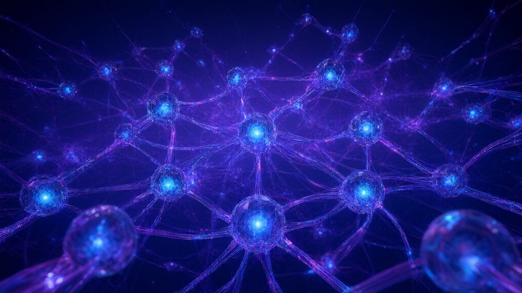 Abstract AI neural network visualization with glowing blue and purple nodes and connections