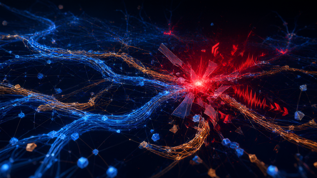 Abstract visualization of AI safety alarms and digital neural networks with warning signals